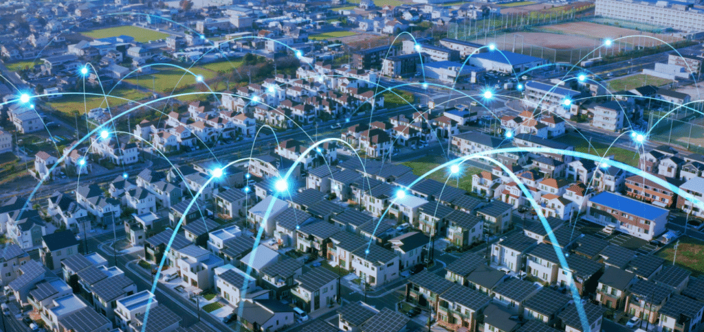 landscape shot of houses with graphic interlinks intertwining the houses